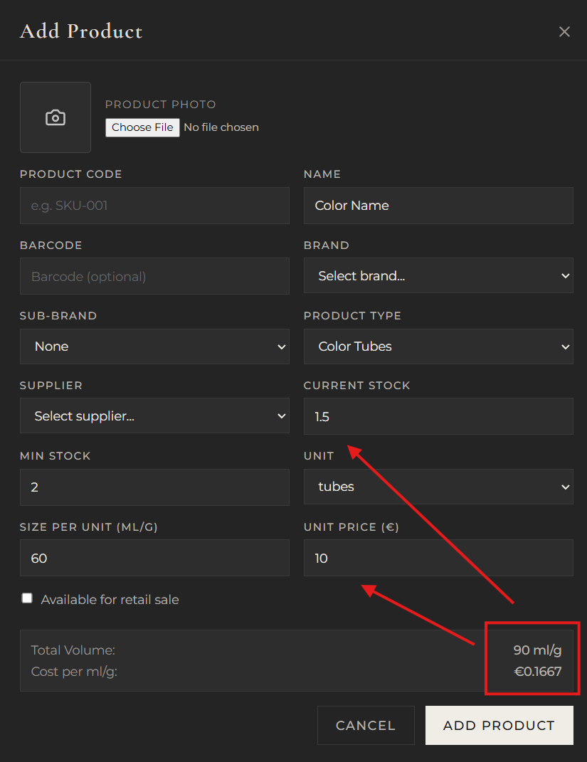Add Product form showing cost per ml/g calculation