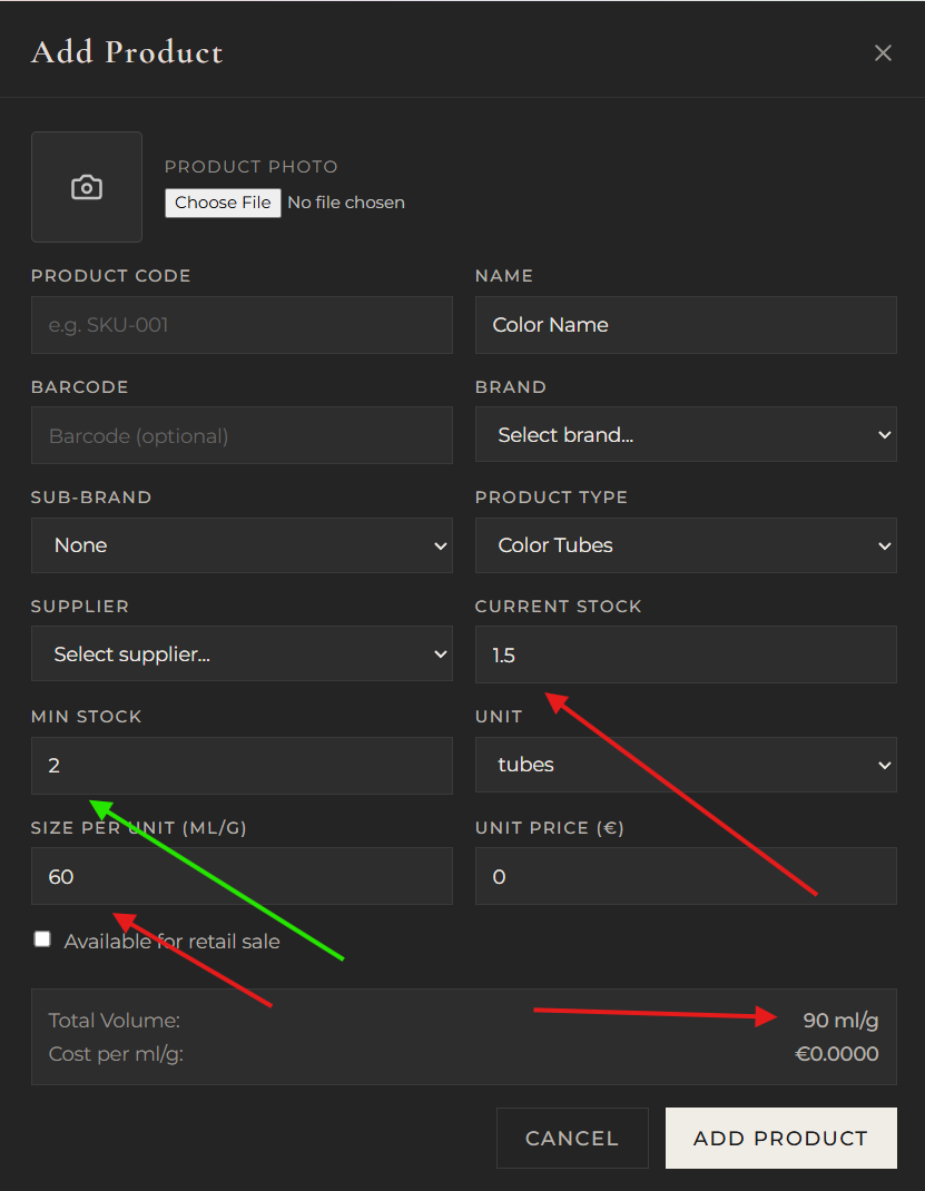 Add Product form with decimal stock showing Total Volume calculation