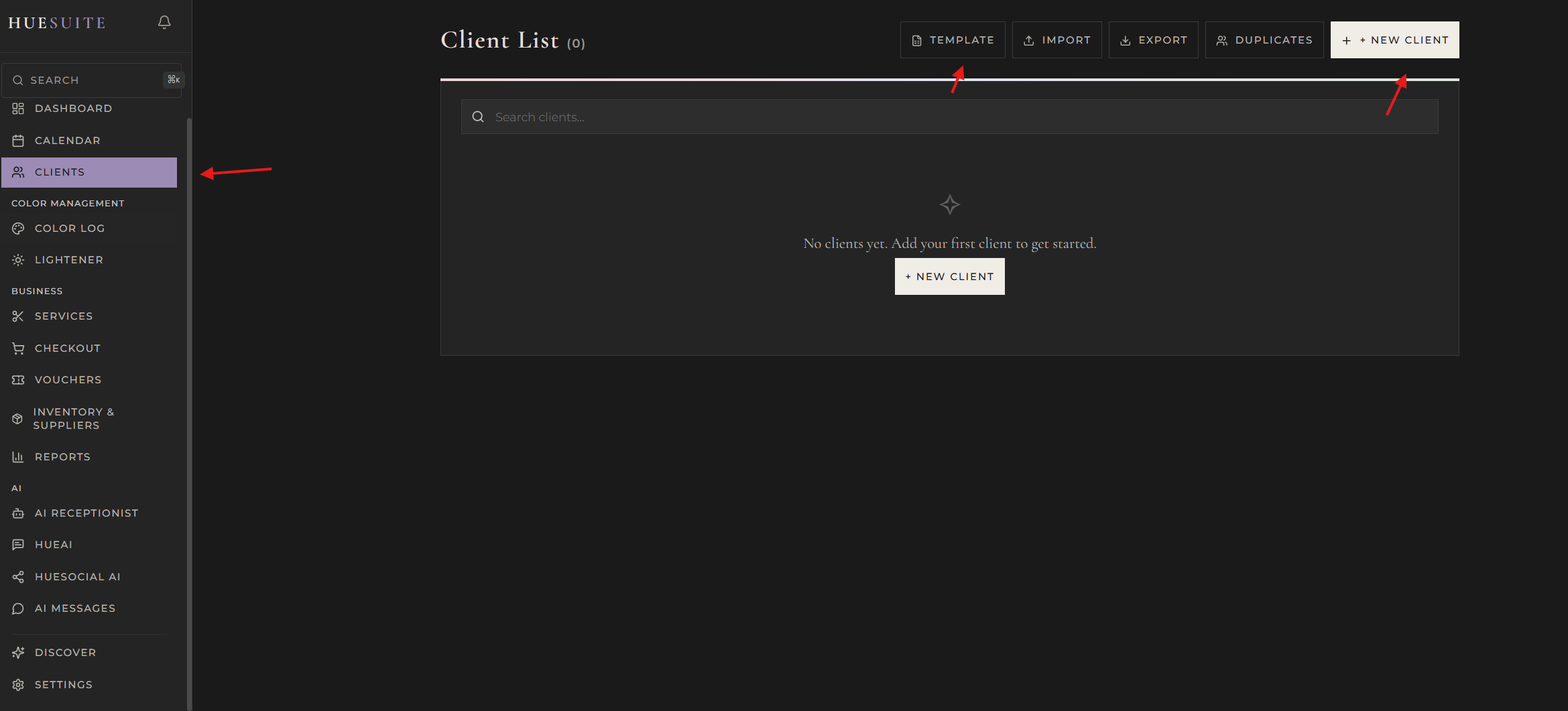 Client List page showing Template and Import buttons