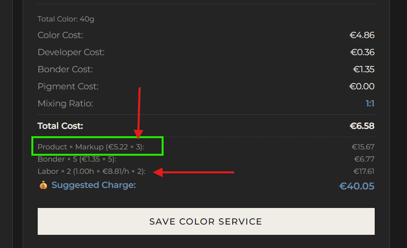 Cost breakdown showing product markup, bonder, and labor calculations