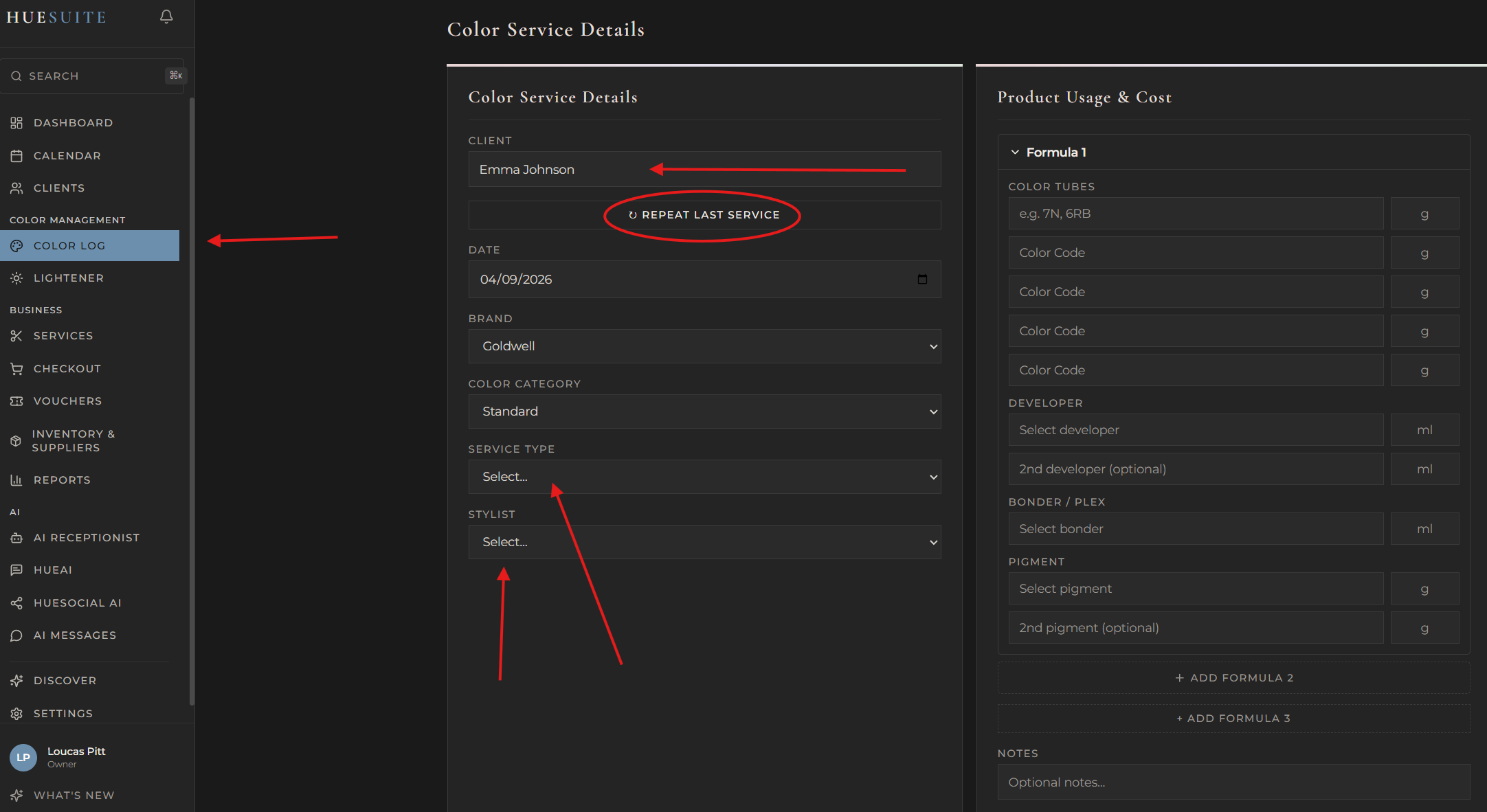 Color Service Details showing client, brand, service type and formula fields