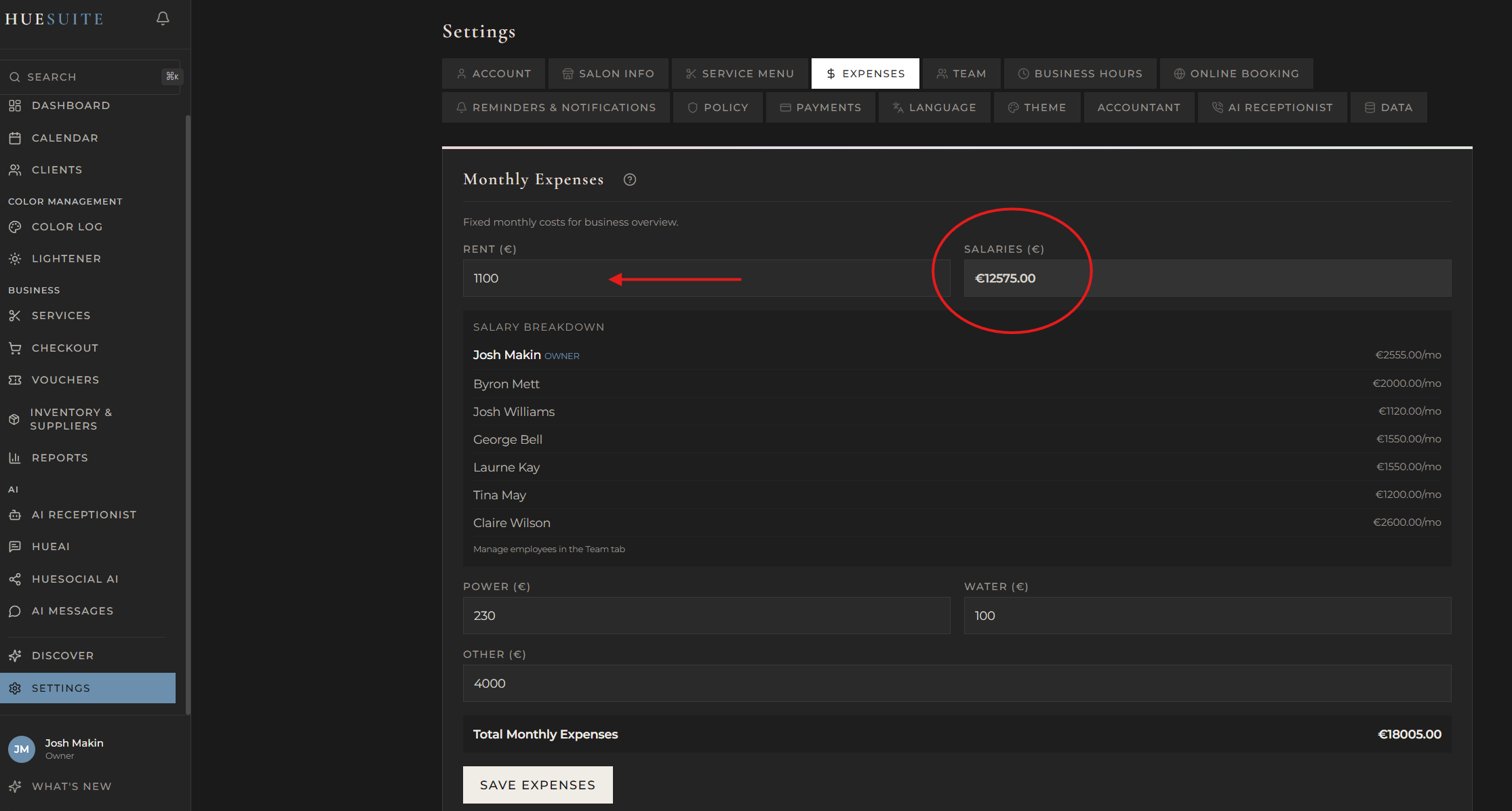 Expenses settings showing rent, salaries, power, water, and total
