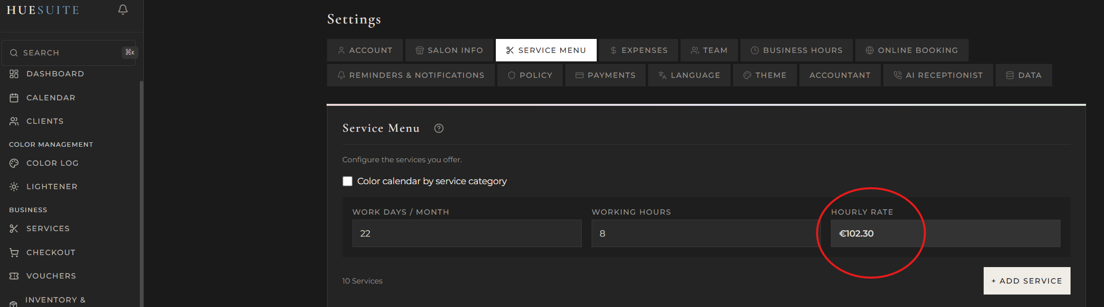 Service Menu showing work days, hours, and calculated hourly rate