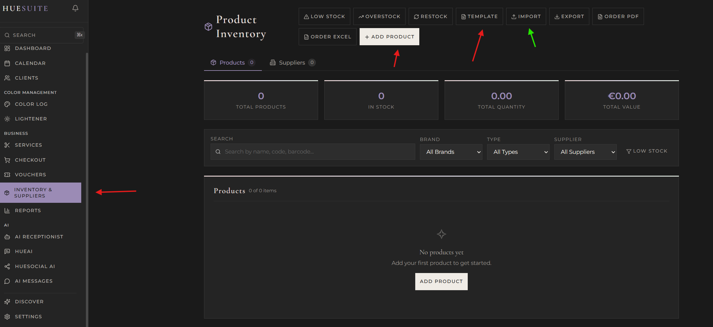 Inventory page showing Template and Import buttons