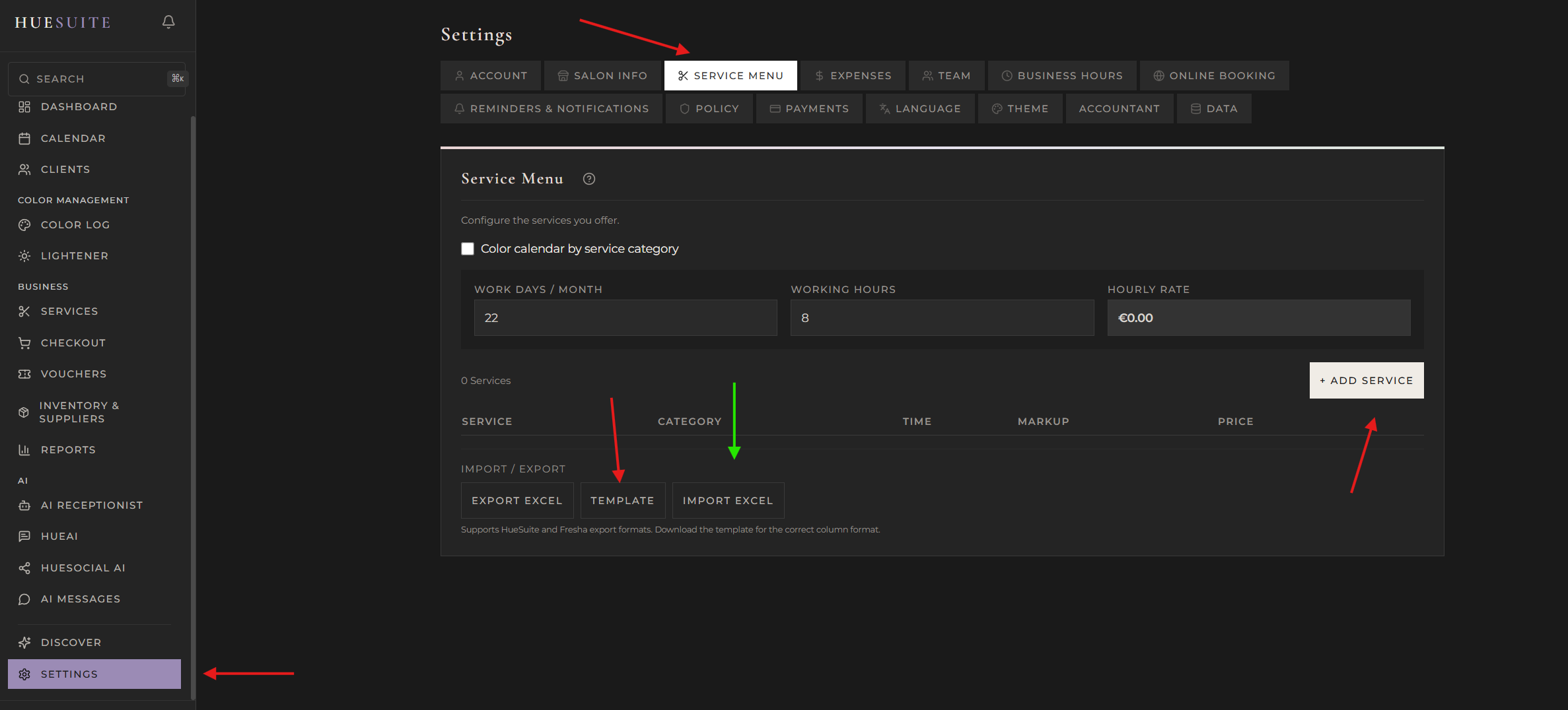 Service Menu in Settings showing Template and Import Excel buttons