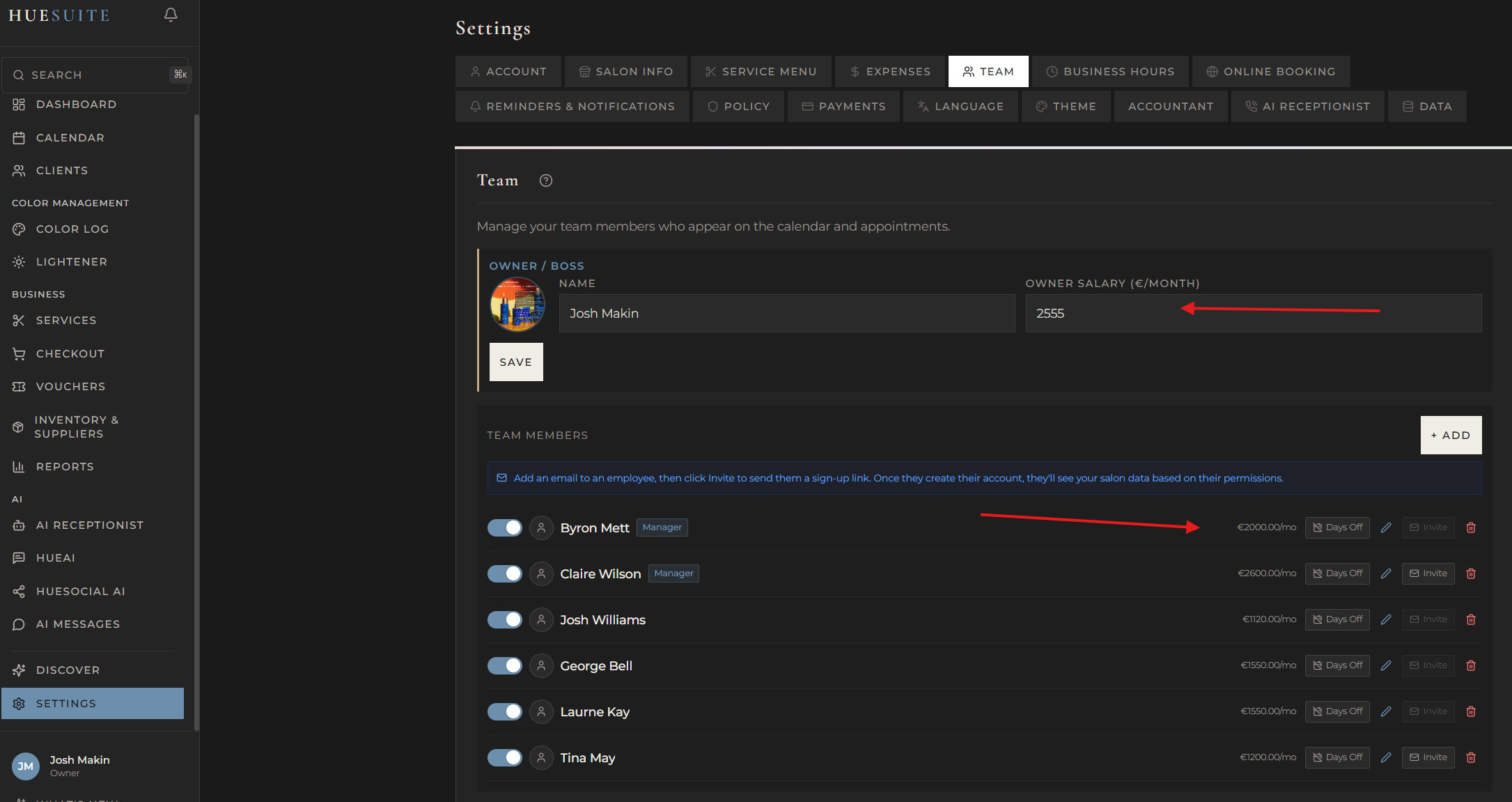Team settings showing owner and employee salaries