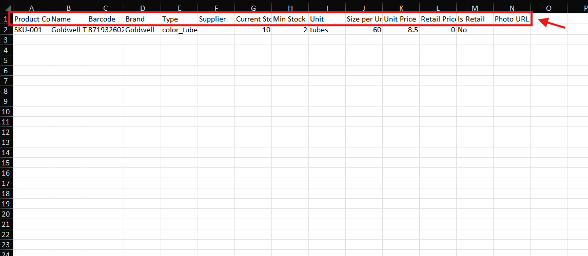 Excel template showing header row and example data